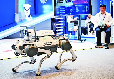  網(wǎng)絡(luò)安全博覽會上的企業(yè)展示電網(wǎng)巡線機器狗。新華社記者 鄧華攝