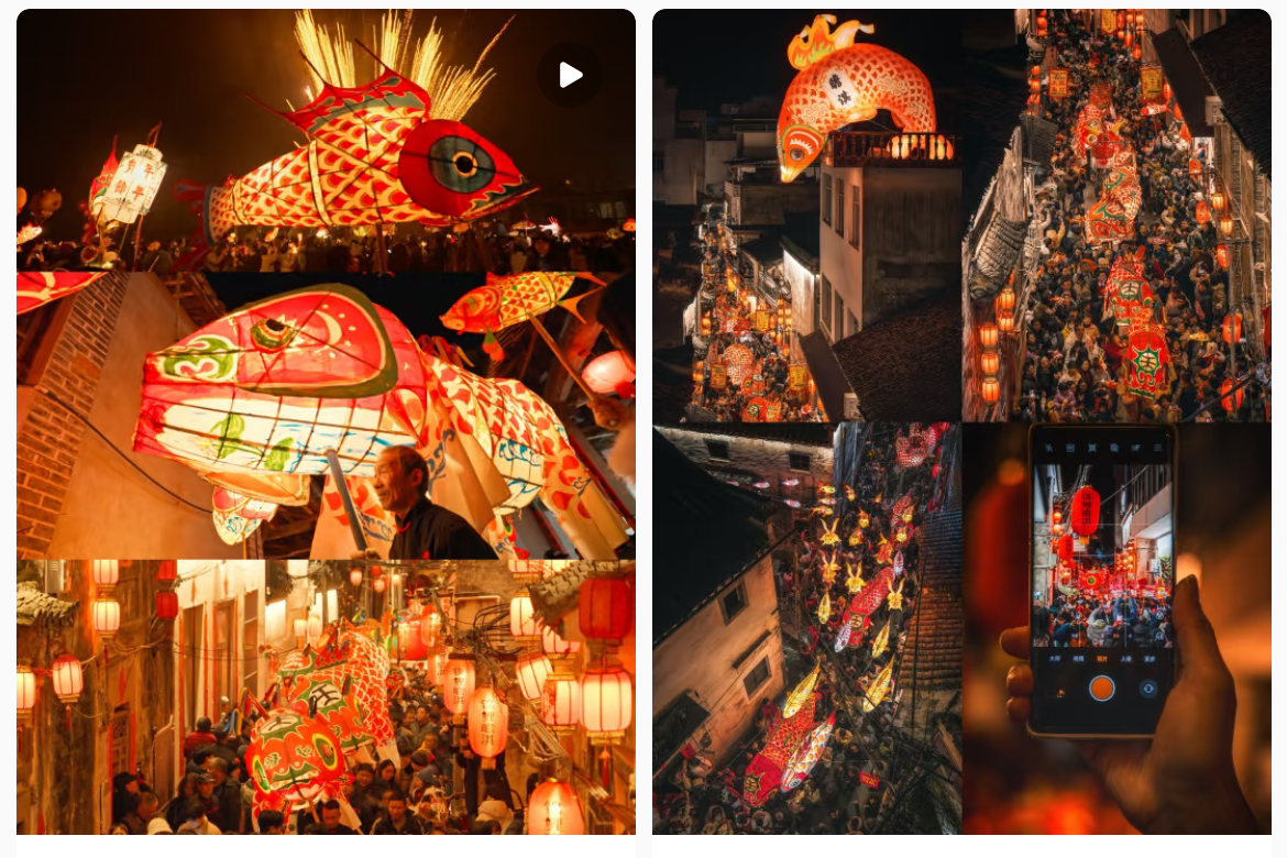 魚燈相關(guān)視頻、圖片獲得數(shù)萬點贊。社交媒體截圖